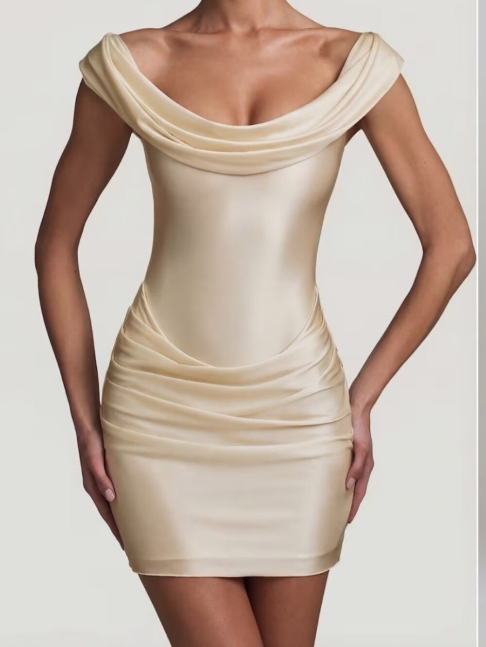 Satin Draped Off-Shoulder Mini Dress in Cream With Built-in Bodysuit